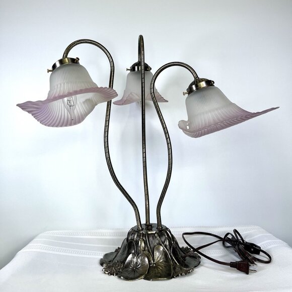 Vintage L&L WMC Brass Lily Lamp Gooseneck 3 Stem Pink Frosted Glass Art Nouveau - Picture 2 of 13